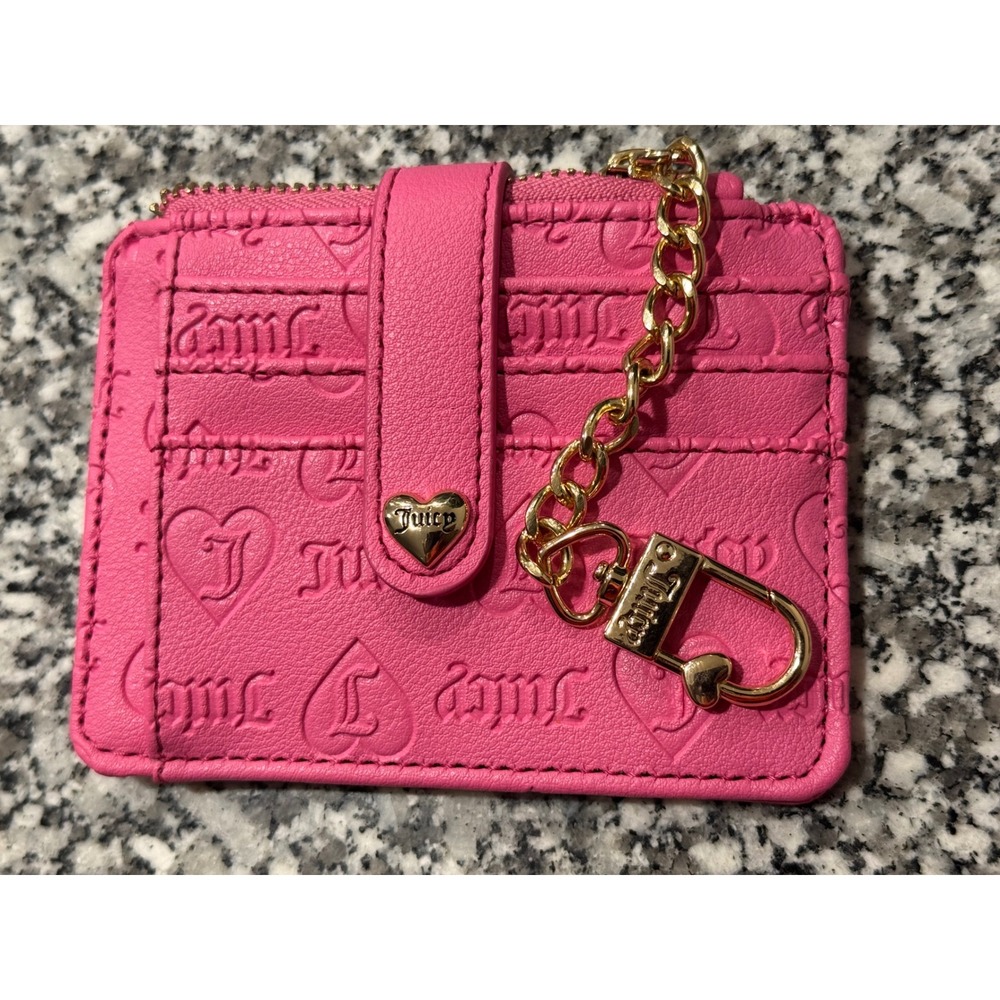 Juicy Couture Pink Embossed Logo Card Holder Wallet ID Case Keychain Zip Pocket - Picture 2 of 5